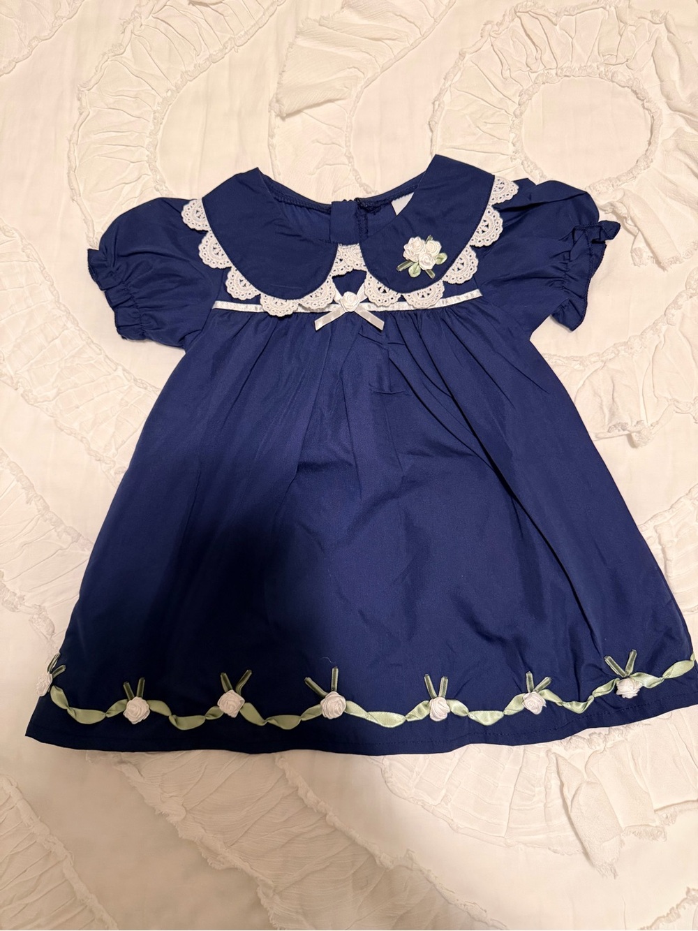 Baby Girl Navy Peter Pan Collar Dress with Floral Trim 12-18 M